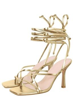LISHAN Women's Stiletto High Heels Strappy Lace Up Sandals (8, Gold)